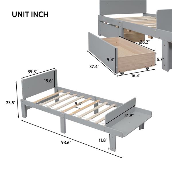 Twin Bed with Footboard Bench,2 drawers,Grey