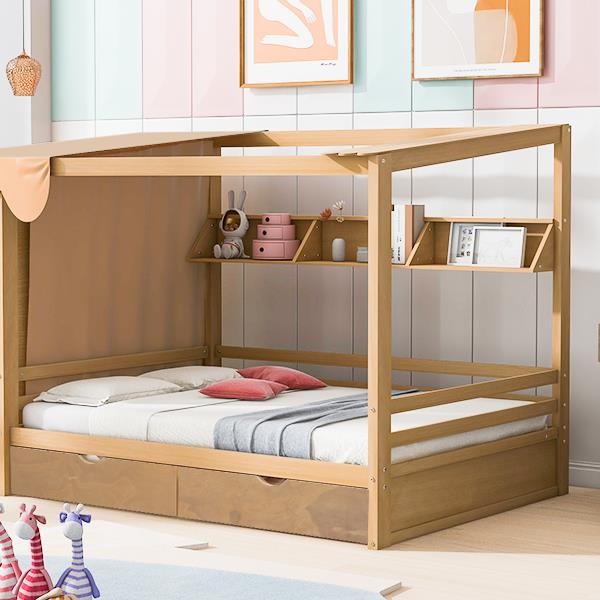 Full size House Bed with Two Drawers and Wardrobe,Natural