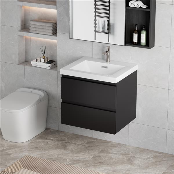 30" Floating Bathroom Vanity with Sink, Modern Wall-Mounted Bathroom Storage Vanity Cabinet with Resin Top Basin and Soft Close Drawers, Glossy Black 24V11-30GB