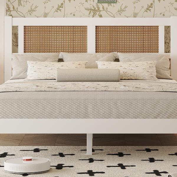 Queen Size Wood Platform Bed with Natural Rattan Headboard,Exquisite Elegance with Minimalist Charm for Bedroom,White