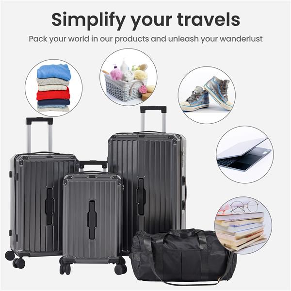 Luggage Set 4 pcs (20"/24"/29"/Travel Bag), PC+ABS Durable Lightweight Luggage with Collapsible Cup Holder, 360° Silent Spinner Wheels, TSA Lock, Gray