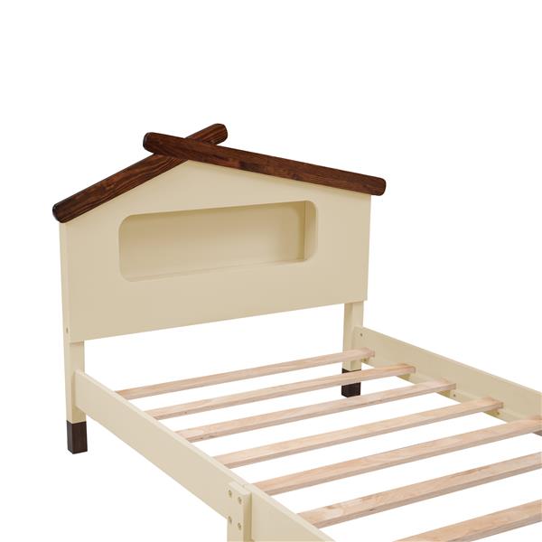 Twin Size Wood Platform Bed with House-shaped Headboard and Motion Activated Night Lights (Cream+Walnut)