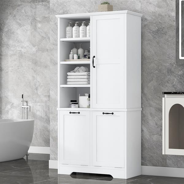 Bathroom Storage Cabinet with Doors and Drawers, Tilt-Out Laundry Hamper, Multiple Storage Space, Freestanding Style, Open Shelve, Adjustable Shelf, White