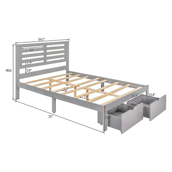 Full Size Platform Bed with Drawers, Gray