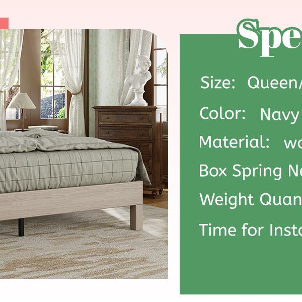 Full Bed Frame, Wood with Wood Headboard Bed Frame with upholstered headboard /  Wood Foundation with Wood Slat Support / No Box Spring Needed / Easy Assembly