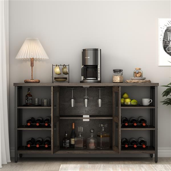 Industrial Wine Bar Cabinet, Liquor Storage Credenza, Sideboard with Wine Racks & Stemware Holder (Dark Grey, 55.12''w x 13.78''d x 30.31' ' h)