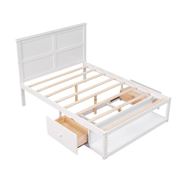 Full Size Platform Bed with Drawer on the Each Side and Shelf on the End of the Bed, White