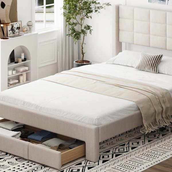 Queen Size Upholstered Platform Bed with A Big Drawer, Beige