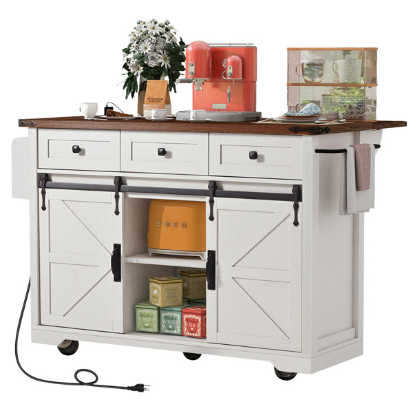  53.7" Farmhouse Kitchen Island with Power Outlet, 2 Sliding Barn Door Kitchen Storage Island with Drop Leaf, Spice Rack Rolling Kitchen Cart on Wheels, for Home, Kitchen and Dining Room, White