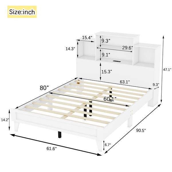 Queen Size Storage Platform Bed Frame with 4 Open Storage Shelves and USB Charging Design,White