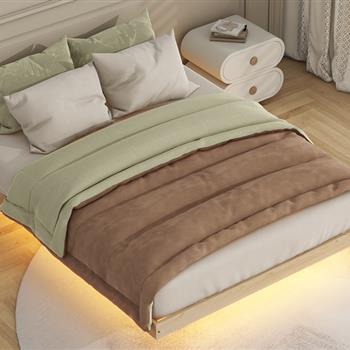 Full Size Floating Bed with LED Lights Underneath,Modern Full Size Low Profile Platform Bed with LED Lights,Natural