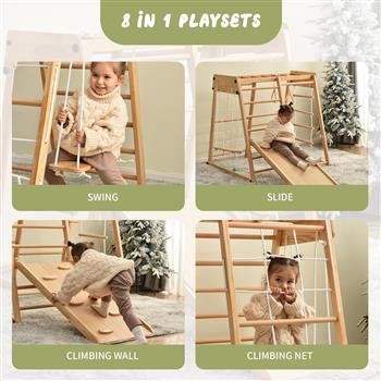 Wooden Indoor Kids Playground Jungle Gym with Slide and Play Table, Toddlers Wooden Climber 8-in-1 Slide Playset, Wooden Rock Climbing Ladder with Rope Wall, Swing Rings, Monkey Bars and Swing