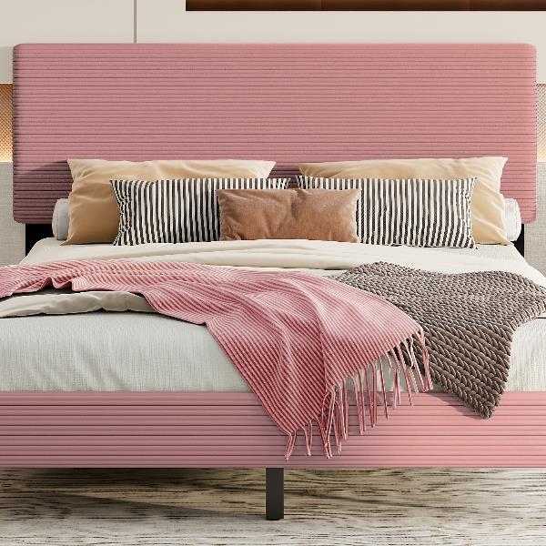 Queen Size Corduroy Upholstered Bed Frame, Platform Bed with Horizontal Stripe Headboard, No Box Spring Needed, Pink