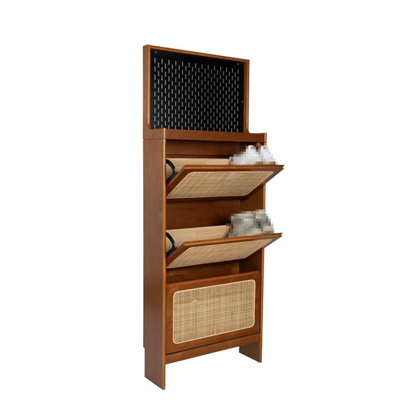 Rattan Shoe Cabinet for Entryway, Free Standing Shoe Rack with 3 Flip Drawers & Black Pegboard, Hidden Narrow Shoe Cabinet for Entrance Hallway, 24.88"W x 7.88" D x 65"H