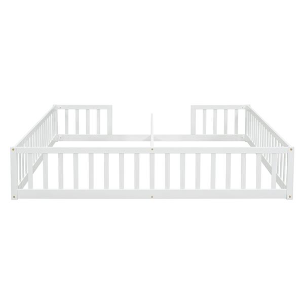 Double Twin Floor Bed with Fence, Guardrails, without door, White