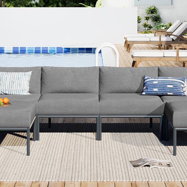 6-Pieces Aluminum Patio Furniture Set, Modern Metal Outdoor Conversation Set Sectional Sofa With Removable Olefin Extra Thick Cushions 5.9" Cushion, Grey