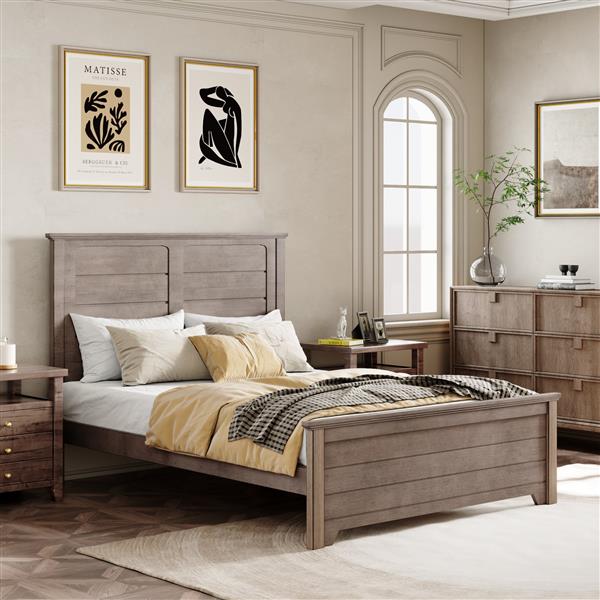 Farmhouse Wooden Platform Twin Size Bed with Panel Design Headboard and Footboard for Teenager, Ash Brown