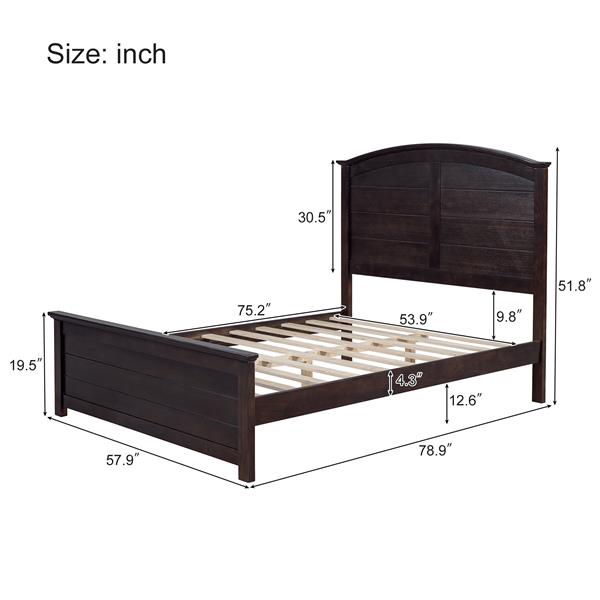 Farmhouse Wooden Platform Full Size Bed with Curl Design Headboard and Footboard for Teenager, Espresso