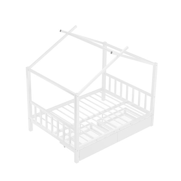 Full Size Metal House Platform Bed with Two Drawers,Headboard and Footboard,Roof Design,White