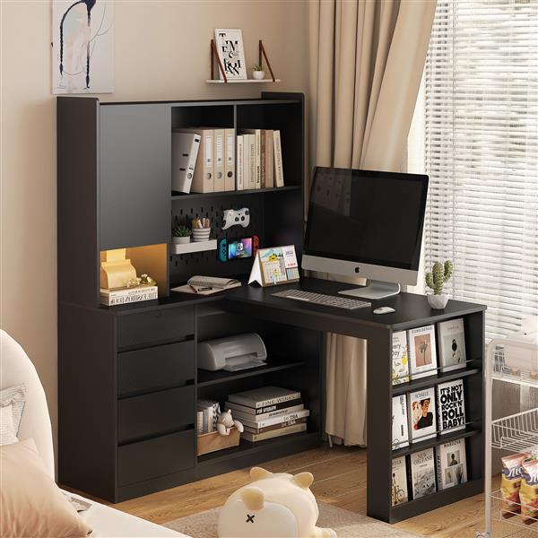 L Shaped Desk,Computer Desk with Drawers,Bookshelf & Hutch,Modern Corner Desk,Home Office Desk,L-Shaped Study Table Writing Desk,Corner Gaming Computer Desk with Storage