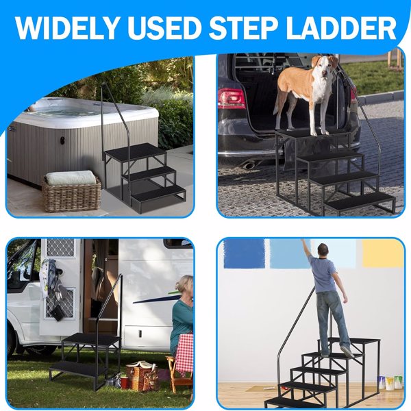 RV Step Stool, 4 Step Ladder, Hot Tub Steps with Handrail, Portable Pool Ladder, 660Lbs Heavy Duty Ladder Shelf Outdoor Mobile Home Stairs for Camper/Porch/SPA Pool/Pet Stairs