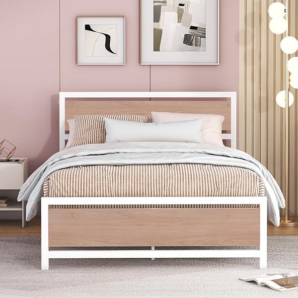 Full Size Platform Bed, Metal and Wood Bed Frame with Headboard and Footboard , White