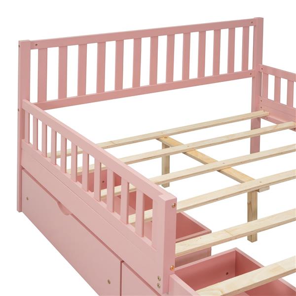 Full Size Wood Platform Bed with Guardrails on Both Sides and Two Storage Drawers ,Pink