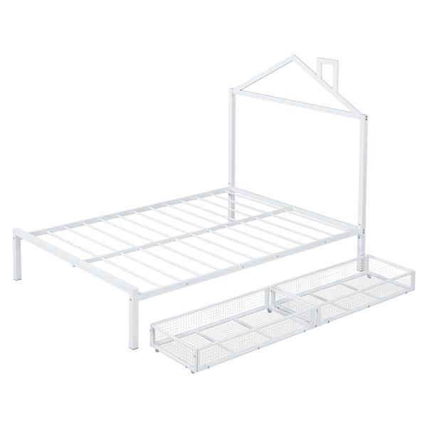 Full Size Metal Platform Bed with two drawers,House-Shaped Headboard Design, White