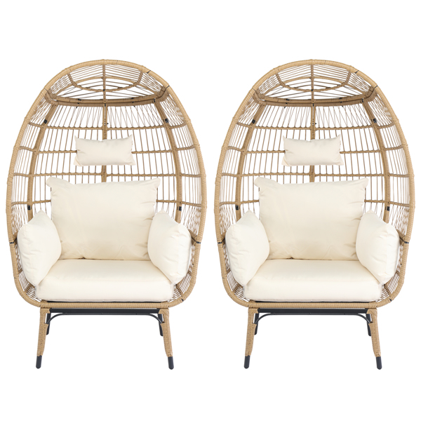 Wicker Egg Chair, Oversized Indoor Outdoor Lounger with Stand and Cushions for Patio Porch Backyard Living Room Balcony, Beige Rattan & Creamy White Cushion