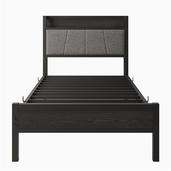 Twin Size Bed Frame, Storage Headboard with Charging Station, Solid and Stable, Noise Free, No Box Spring Needed, Easy Assembly