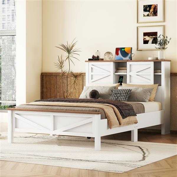 Farmhouse Platform Bed with Double Sliding Barn Door, Full Size Rustic Wood Bed with
Charging Station, Wood Slats Support, White+Brown