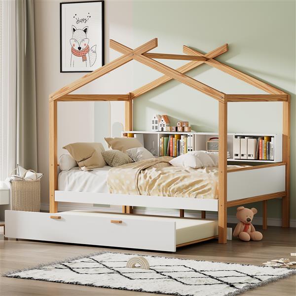 White Twin Size Wooden House Bed with Original Wood Colored Frame Twin Size Trundle and Bookshelf Storage Space for Children or Guest Room