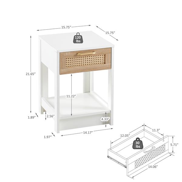 15.75" Rattan End table with  drawer, Modern nightstand, side table for living room, bedroom,white