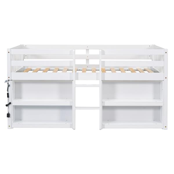 Twin Size Kid Low Loft Bed With Two-Tier Shelves And LED Light For White Color