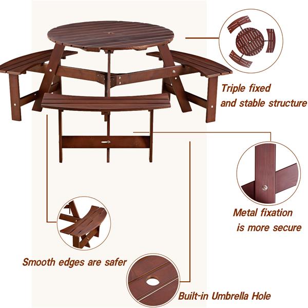 Outdoor 6 Person Picnic Table, 6 person Round Picnic Table with 3 Built-in Benches, Umbrella Hole, Outside Table and Bench Set for Garden, Backyard, Porch, Patio, Brown