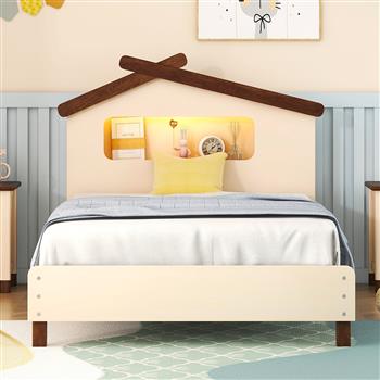 Twin Size Wood Platform Bed with House-shaped Headboard and Motion Activated Night Lights (Cream+Walnut)