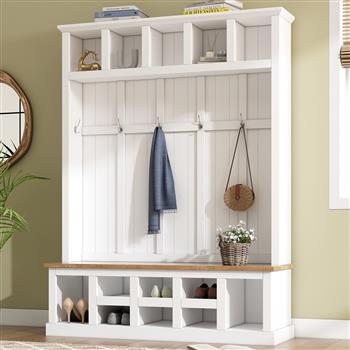 Farmhouse Wooden Style 78\\'\\'H Modern Hall Tree with Wide Storage Seating Bench, Entryway Shoe Cabinet with 13 Compartments, Elegant Coat Rack with 6 Hooks for Mudroom, Living room, White