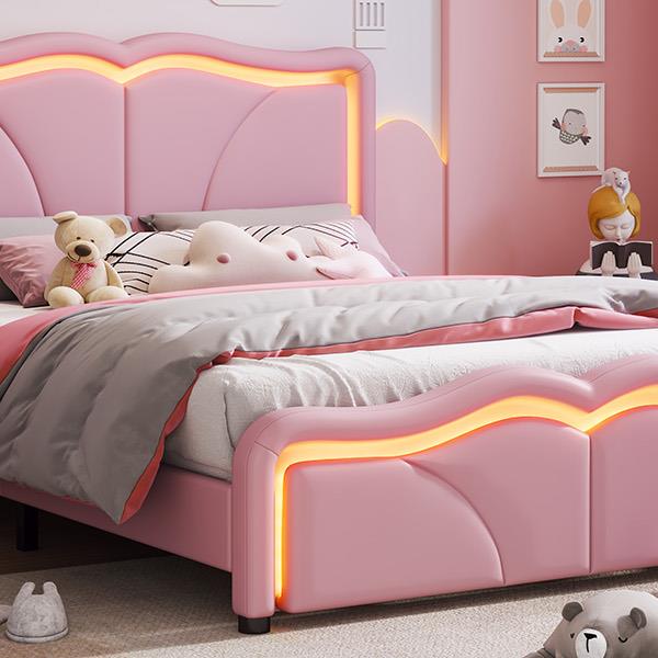 Full Size Upholstered Platform Bed with Curve Shaped and Height-adjustbale Headboard,LED Light Strips,Pink