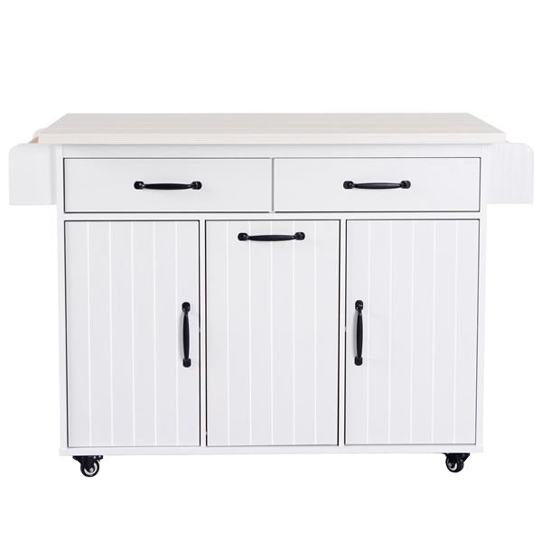 Kitchen Island with Trash Can Storage Cabinet, Kitchen Cart with Drop Leaf, Spice Rack, Towel Rack and Drawer, Rolling Kitchen Island on Wheels with Adjustable Shelf, White