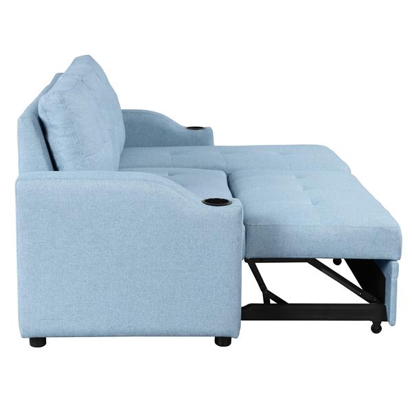 80.3". Pull Out Sofa Bed Modern Padded Upholstered Sofa Bed , Linen Fabric 3 Seater Couch with Storage Chaise and Cup Holder , Small Couch for Small Spaces