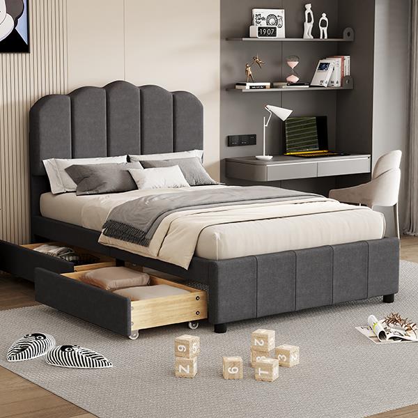 Twin Size Upholstered Bed with 2 Storage Drawers,Wood Slat Support, Gray