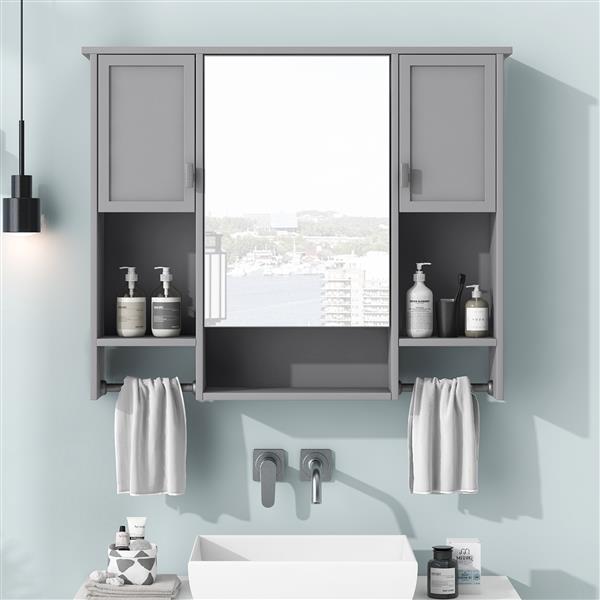 35'' x 28'' Modern Wall Mounted Bathroom Storage Cabinet, Bathroom Wall Cabinet with Mirror, Medicine Cabinet with Towels Bar