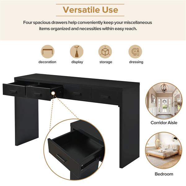 Modern Minimalist Console Table with Open Tabletop and Four Drawers with Metal Handles for Entry Way, Living Room and Dining Room (Black)