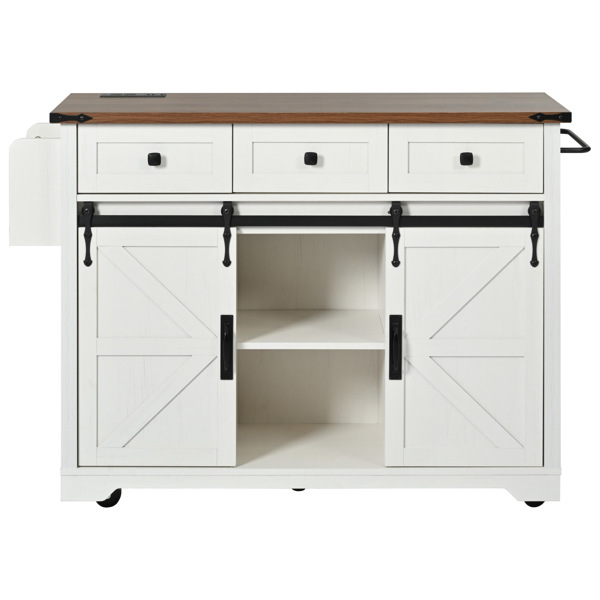  53.7" Farmhouse Kitchen Island with Power Outlet, 2 Sliding Barn Door Kitchen Storage Island with Drop Leaf, Spice Rack Rolling Kitchen Cart on Wheels, for Home, Kitchen and Dining Room, White