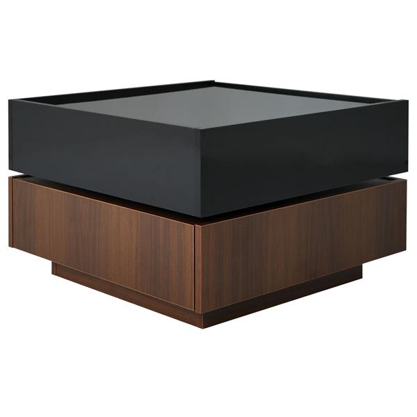 Multi-functional Square 360°Rotating Coffee Table with 2 Drawers, High Gloss 2-Tier Center Table with Swivel Tabletop and Storage, Walnut Table Frame Side Table for Living Room, Black