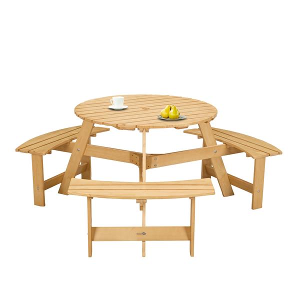 Outdoor 6 Person Picnic Table, 6 person Round Picnic Table with 3 Built-in Benches, Umbrella Hole, Outside Table and Bench Set for Garden, Backyard, Porch, Patio,  Natural