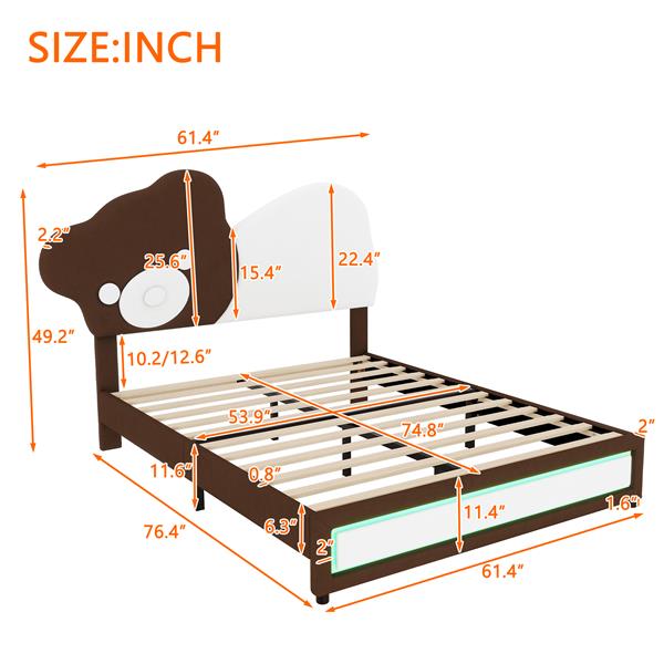 Full Size Upholstered Platform Bed with Bear Shaped Headboard, LED Light Strips, White + Brown