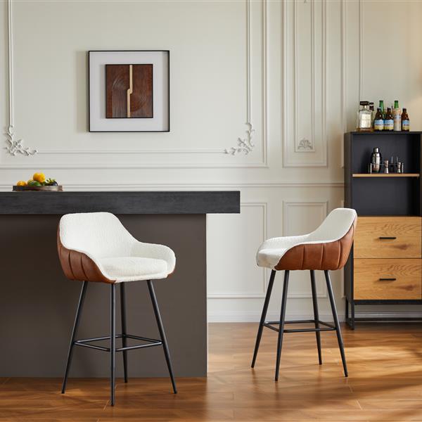 26" Modern Counter Height Bar Stools Set of 2, Mid Century Leather Upholstered Arm Bar Stools, Leisure Side Chair with Metal Legs for Kitchen&Dining Room