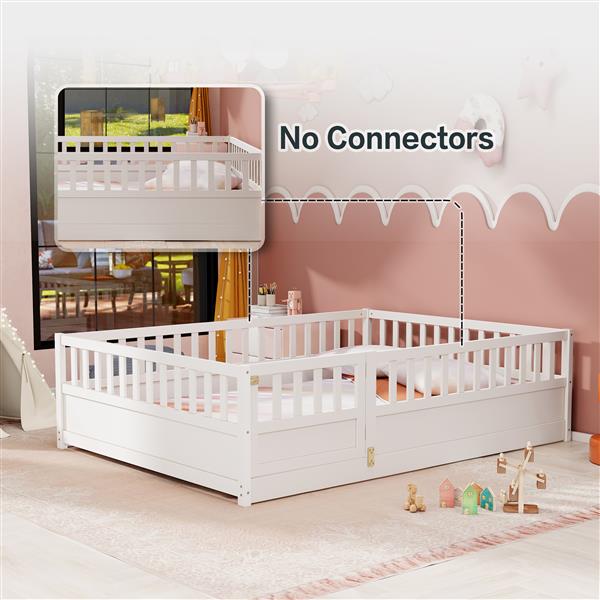 Full size  Floor bed, integral construction with super high security barrier, door, children's floor bed frame, Montessori wooden children's floor bed, white