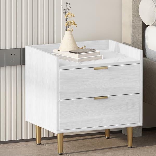 Wooden Nightstand with 2 Drawers and Marbling Worktop, Mordern Wood Bedside Table with Metal Legs&Handles,White